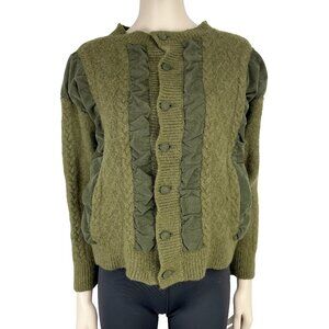 MONTAGUT VTG Wool Boxy Button up Ruffled Velevet Suede Green Cardigan s S-M